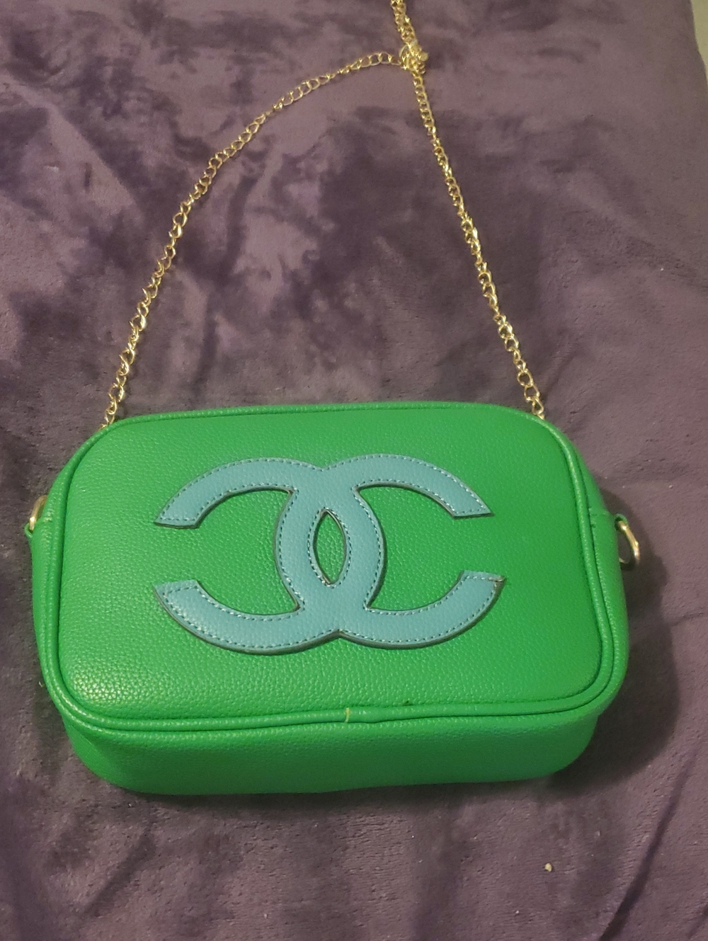 Green Leather Crossbody with Light Blue Logo and Gold Chain